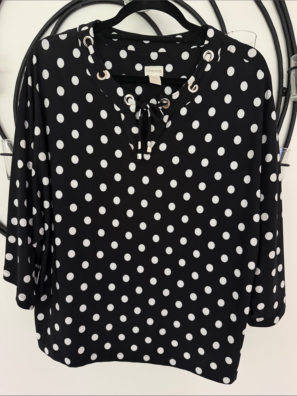 Chico's Black & White Polka Dot Lace-Up Grommet Blouse